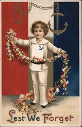 Boy Holding Bough of Flowers Before French Flag Postcard