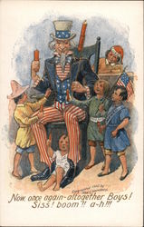 Uncle Sam and Children with Fireworks Postcard