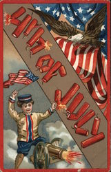 Boy Shooting Fireworks Holding Flag : 4th of July Postcard