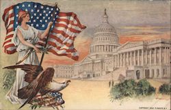 Lady Liberty with Flag and Eagle Watching Capitol Building Postcard