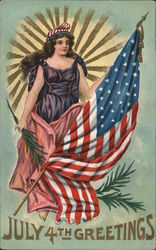 July 4th Greetings: Lady Liberty with Flag 4th of July Postcard Postcard Postcard