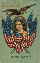 July Fourth Greetings: Woman Framed with Flags Patriotic Postcard Postcard Postcard