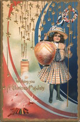 Girl with Lit Lamp: Wishing You a Glorious 4th of July Postcard Postcard Postcard