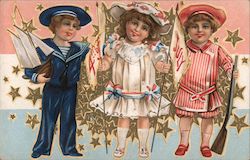 4th of July - Three small children in patriotic outfits Postcard