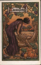 Nouveau Woman Harvesting Food for Thanksgiving Postcard