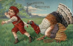 Turkey Attacking Child - Thanksgiving Greetings Postcard