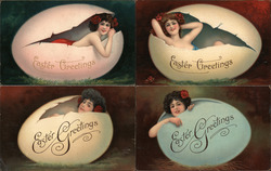 Set of 4: Risque Women in Easter Eggs Postcard