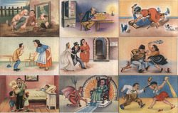 Set of 9: Mexican "Fema" Series - Women & Men Fighting Postcard