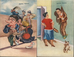 Set of 2: Mexican "Fema" Muzzled Woman, Wife with Rolling Pin Postcard