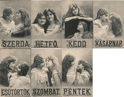 Complete Set of 7: Rare Hungarian Days of Week Girls Kissing, Lesbian Interest Days of the Week Postcard Postcard Postcard