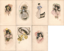 Set of 7: Hand Colored Glamour Ladies Postcard