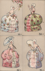 Set of 4: Art Deco Women in Fancy Dresses Postcard