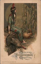 Sincere Thanksgiving Greetings - Indian Girl with Turkey & Pumpkin Samuel L. Schmucker Postcard Postcard Postcard