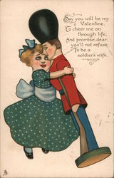 Girl Hugging Toy Soldier Wooden Wooers Series Postcard