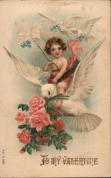 To My Valentine - Cupid on Dove with Roses Postcard