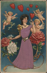 Woman with Cupids, Hearts and Flowers Postcard Postcard Postcard