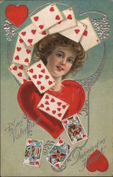 To My Valentine - A Woman Surrounded by Heart Cards Postcard