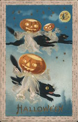 Hallowe'en - Ghosts with Jack O' Lantern Heads Riding Black Cats Halloween Postcard Postcard Postcard