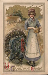 With Thanksgiving Greeting - Woman with Turkey Turkeys Samuel L. Schmucker Postcard Postcard Postcard