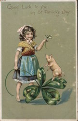 Good luck to you on St. Patrick's Day - Little girl with four leaf clover and a pig Postcard Postcard Postcard