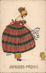 Joyeuses Paques - Girl with Cat, Chicks With Chicks Douky Postcard Postcard Postcard