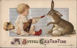 A Joyful Eastertide - Child Giving Bottle to Bunny with Chicks Postcard