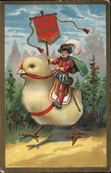 Young Noble boy riding a chick with 'Easter greetings' banner With Chicks Postcard Postcard Postcard