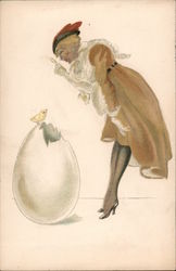 Woman talking to a small chick that hatched from a large egg With Chicks Postcard Postcard Postcard