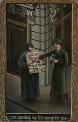 I am spending my last penny for you-woman choosing a photograph to buy from man on street Postcard