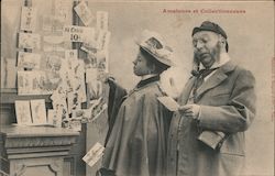 A Man and Woman Looking at Postcards on a Rack Postcard