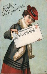 Woman Delivering Letter: Frohliche Weihnachten! Merry Christmas! Postcard