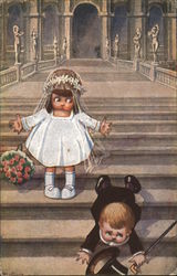 Girl Dressed as Bride on Steps Postcard