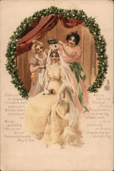 Lady in White Dress and Veil holding a rose, attended by two other ladies; foreign poetry on card. Marriage & Wedding Postcard P Postcard