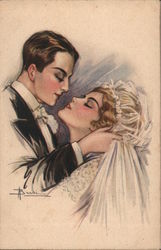 Drawing of Bride and Groom about to Kiss Postcard