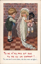 Small children-girl dressed as a bride with doll and boy pouting Postcard