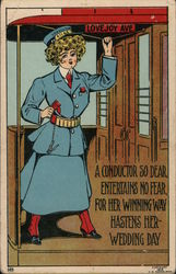 Woman Conductor on Lovejoy Trolley Trains, Railroad Postcard Postcard Postcard