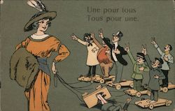 Woman with Men as Pull-Toys Postcard