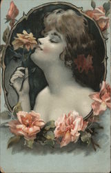 Nouveau Woman smelling flower Postcard