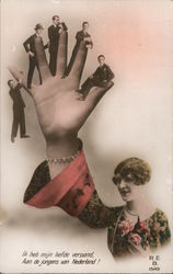 Woman With Men Hanging Off Her Fingers Postcard