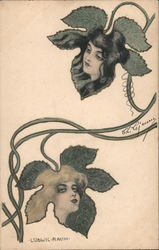 Women's Faces on Berry Leaves Artist Signed Ludwig Rauh Postcard Postcard Postcard