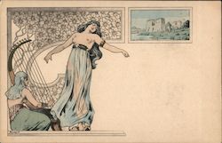 Bare Breasted Woman Dancing to Harp Music Art Nouveau Meurein Postcard Postcard Postcard