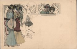 Two Women Burning Incense Art Nouveau Postcard Postcard Postcard