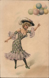 Woman with Hat, Balloons, Embossed Postcard