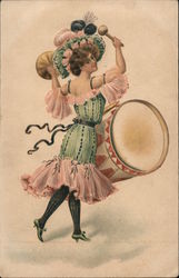 Woman playing a large drum, Embossed Postcard