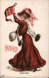 Female Harvard Student Waves a Harvard Flag College Girls Postcard Postcard Postcard