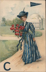 Columbia - Woman in Blue Stripped Dress with Red Flowers Postcard