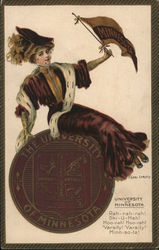 The University of Minnesota - Girl with College Seal and Pennant Postcard