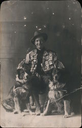 Studio Photo: A Man with Two Dogs, Political Buttonss Men Postcard Postcard Postcard