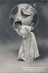 Woman with laughing globe on back. Laugh and the world laughs with you, week and the laughs on you. The Whole Family Postcard Po Postcard