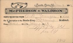 McPherson & Waldron, Santa Cruz Morning Sentinel California Postcard Postcard Postcard